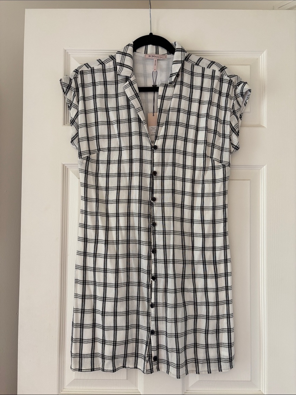 BCBGeneration White and Black Plaid Button-Front Shirt Dress